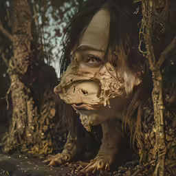 a woman with a face full of plants in the woods