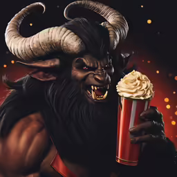 an evil goat holding a red cup and eating a ram
