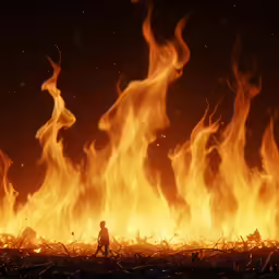 an image of a man running across a field with fire