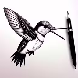 a bird with a long beak and very sharp sharp teeth,a drawing of a hummingbird being a fountain pen