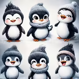a group of penguins are wearing hats and scarves
