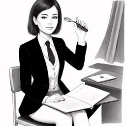 woman holding up pen and paper while sitting at desk
