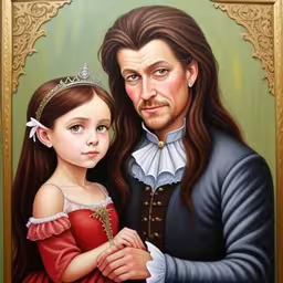 a painting of a man and a little girl,a painting of a man and young girl