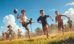 three children are running through the grass in a field
