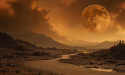 a night sky with a full moon above a mountain valley
