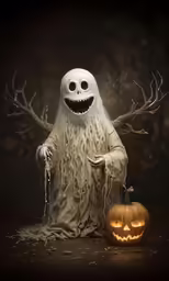 a ghost sitting next to a pumpkin lit up in the dark