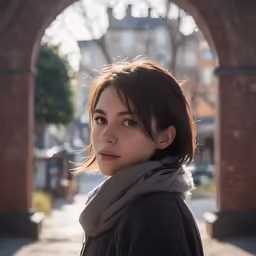 young woman looking into the distance and surrounded by arches