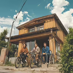 three people on bikes are sitting at a house