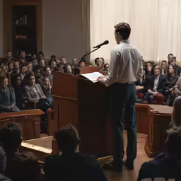 a man stands at a podium during a lecture