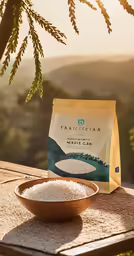 a bag of rice and bowl on table