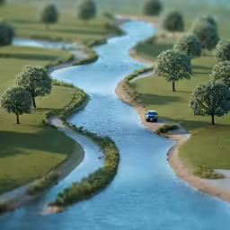 a blue van driving down a road next to a river