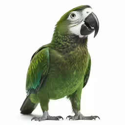a green parrot standing up in front of white background