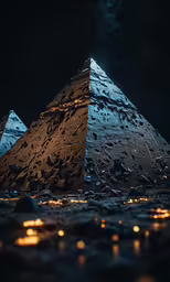 two very tall pyramids in the middle of a snowy field