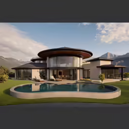 the house is surrounded by the mountains with a pool
