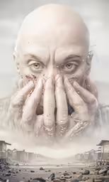 an old man has his hands covering his face