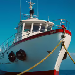 a white and red boat tied to a pole