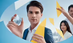 a man holding a piece of paper over his left shoulder as if he is trying to cut something