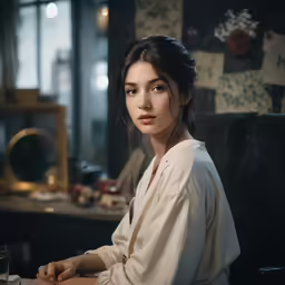 young woman sitting at table looking on in a dark room