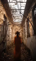a woman walks in an alleyway while looking at the ceiling