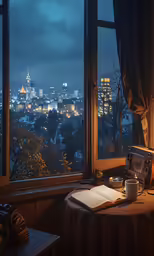 a view of the city from the window of a restaurant