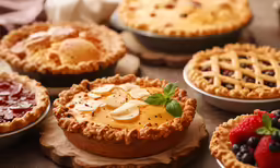 different types of pies and pie plates with fruit