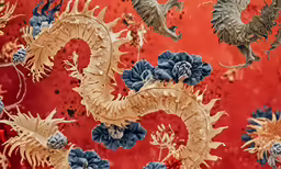 some yellow and blue florals against a red background
