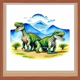 a painting of two dinosaurs in front of mountains