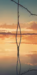 tree with twisted roots standing out of the water,a lone branch is reflected in the calm water