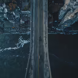 an overhead view of a street near a large body of water