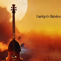 an orange sky with clouds and sun on it,a guitar sitting on top of a wooden table