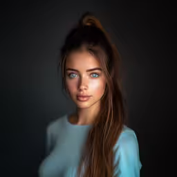 a beautiful girl with long brown hair and blue eyes,a girl with beautiful blue eyes poses for a portrait