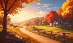 painting of house at fall with yellow foliage near country road,a house is on the edge of a path