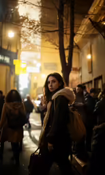 a young woman in winter clothing walking down the sidewalk