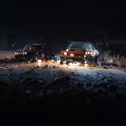 cars stopped in the street on a very night