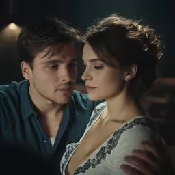 the young man and woman are looking at each other