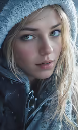 a woman is standing outside in the snow wearing a hat and coat