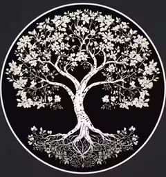 a white tree on a black background,the tree of life in a circle on a black background
