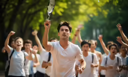 a young man holds his tennis racquet in the air and celebrates