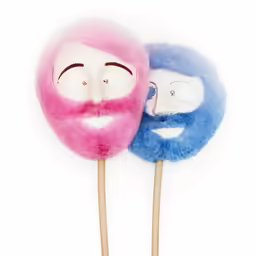 two colored cotton candy lollipops on wooden sticks