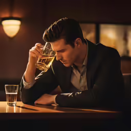 a man looking down at a glass in his hand