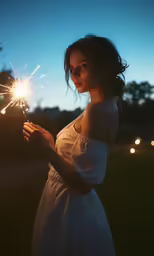 a girl standing outside holding a sparkler in her hand