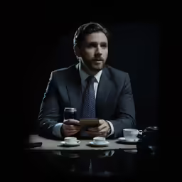 a man in a suit holding a tablet