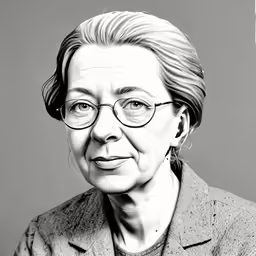 a black and white drawing of a woman with glasses