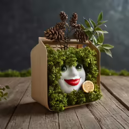 an odd little mask with green moss growing around it