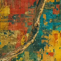 a painting that has a wooden stick in it