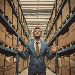 a man in a suit and tie standing in front of a rack full of boxes