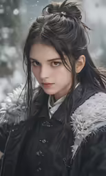 a woman in black leather jacket walking through snow