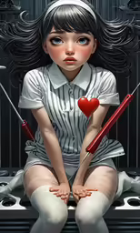 a girl in white shirt and short skirt sitting down