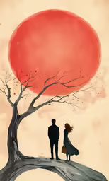 a couple looks at the sunset over a tree as they stand on the branch