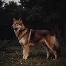 an adult siberian shepard standing outside in a wooded area